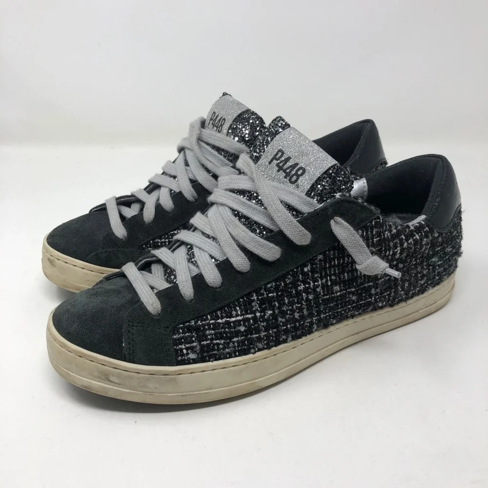 P448 John Shaka‎ Low Top Sneakers Womens 37 6.5 Black Tweed Lace Up Streetwear
